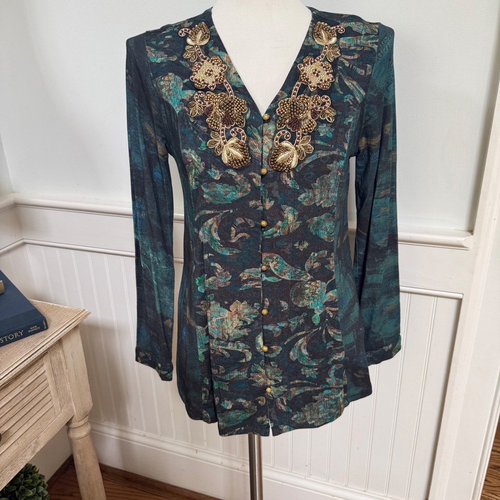 Soft Surroundings‎ Teal Gold Beaded Paisley Floral Tunic Top Button Front XS